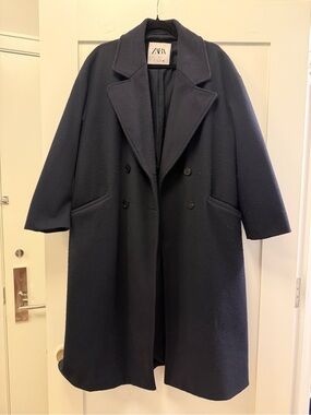Zara Navy Double-Breasted Long Wool Coat